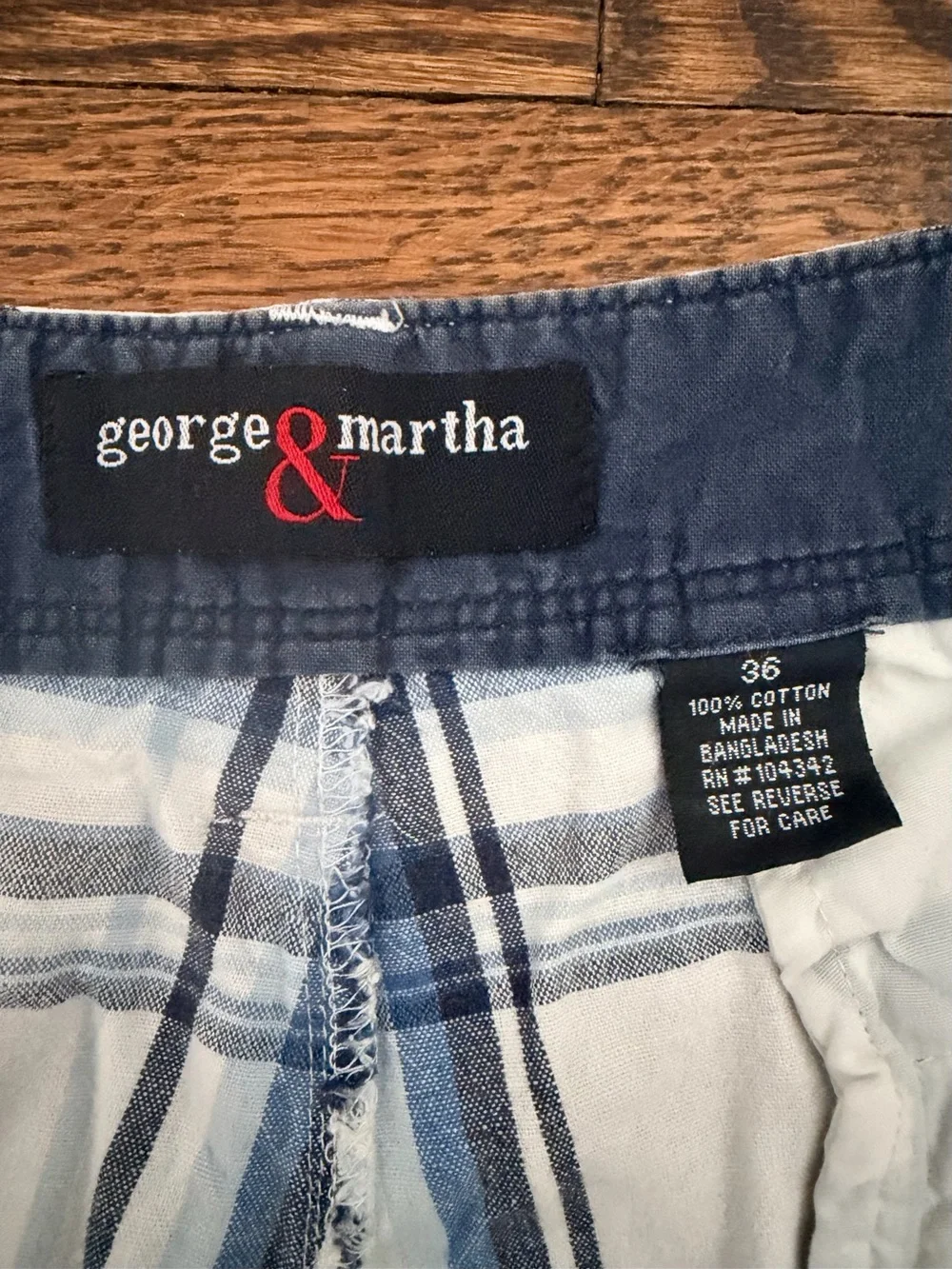 Men's White Plaid Flat Front Shorts with Blue Checks